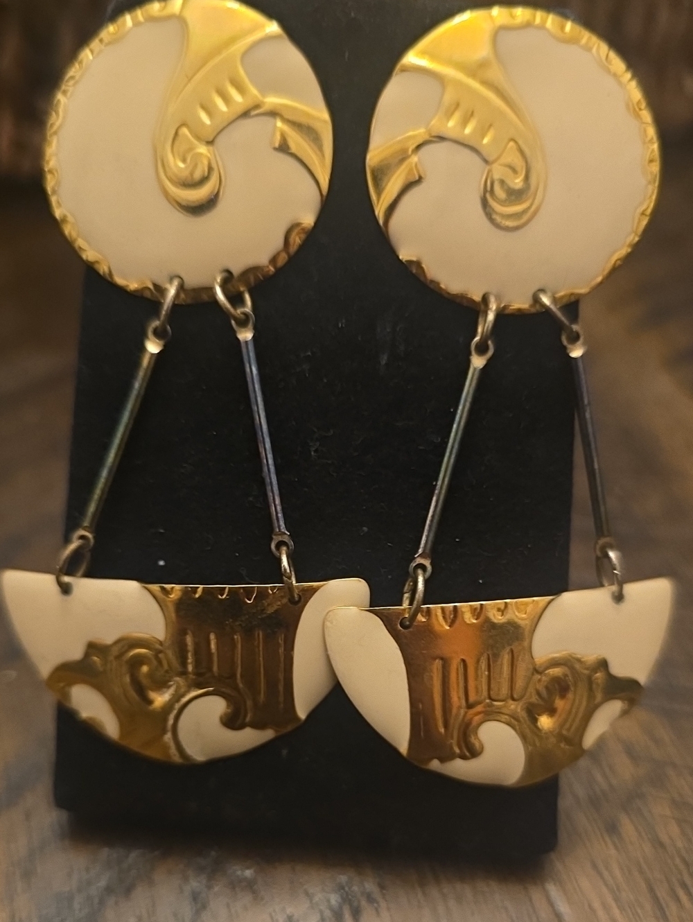 Gold and Cream Drop Earrings with Decorative Motif